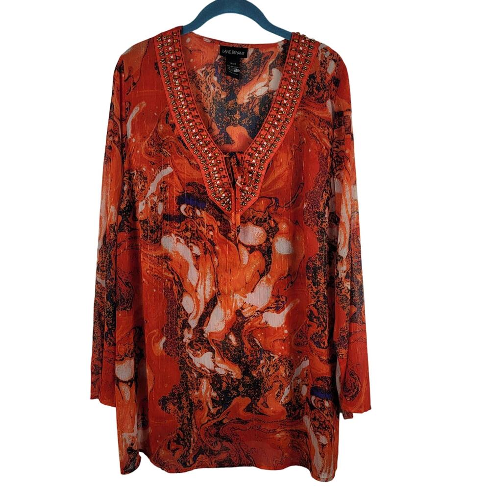 Lane Bryant Orange Black Gold Beaded V-Neck Women's Blouse 18/20